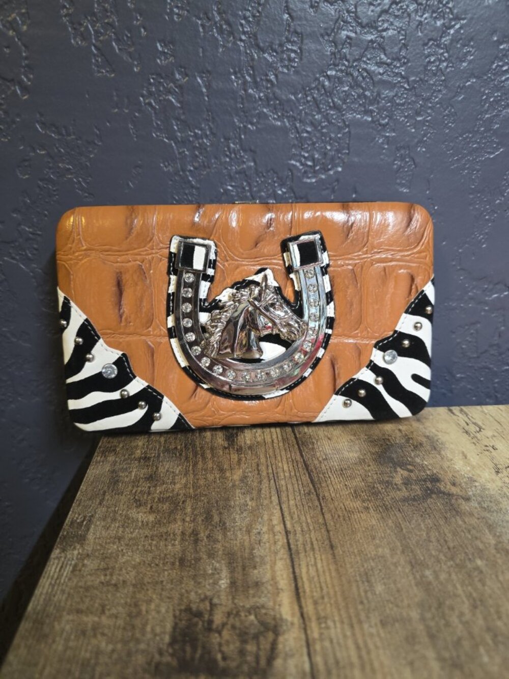 Alyssa Western HORSE Wallet Tan Brown/Black Zebra Print & Silver Horseshoe NEW
